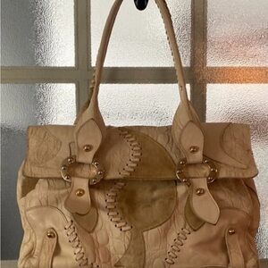 Arcadia Patchwork Shoulder Bag in Cream and Tan